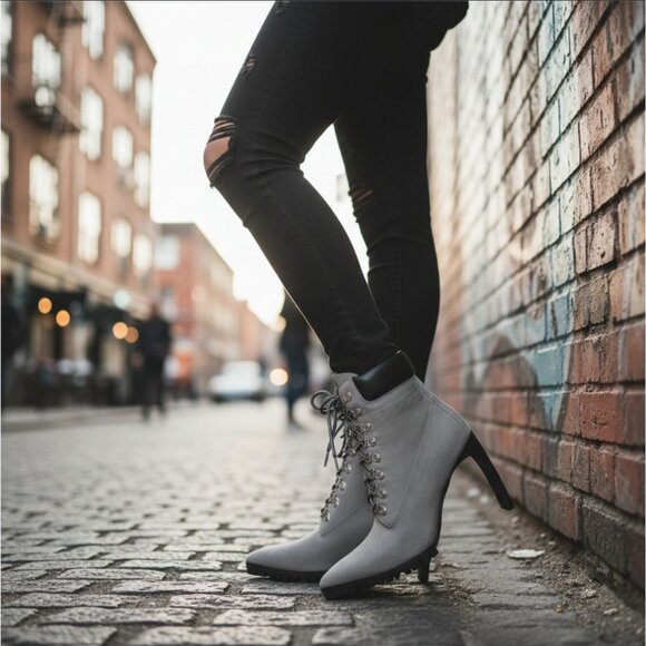 Darker Wavs ✦ Grey Suede Heeled Lace-Up Boots ✦ Charcoal Accents 4" Heel 8 NWT - Picture 10 of 16